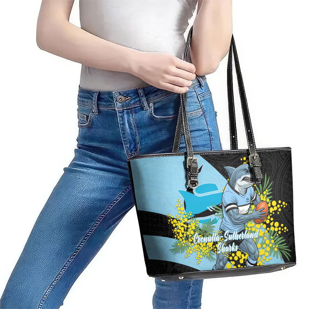 Cronulla Sutherland Sharks Leather Tote Bag Golden Wattle Floral Polynesian - Australian Flower - Rugby Mascot