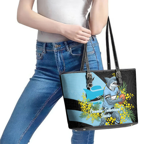 Cronulla Sutherland Sharks Leather Tote Bag Golden Wattle Floral Polynesian - Australian Flower - Rugby Mascot