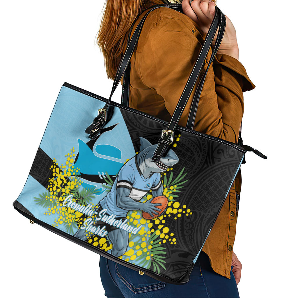 Cronulla Sutherland Sharks Leather Tote Bag Golden Wattle Floral Polynesian - Australian Flower - Rugby Mascot
