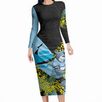 Cronulla Sutherland Sharks Long Sleeve Bodycon Dress Golden Wattle Floral Polynesian - Australian Flower - Rugby Mascot