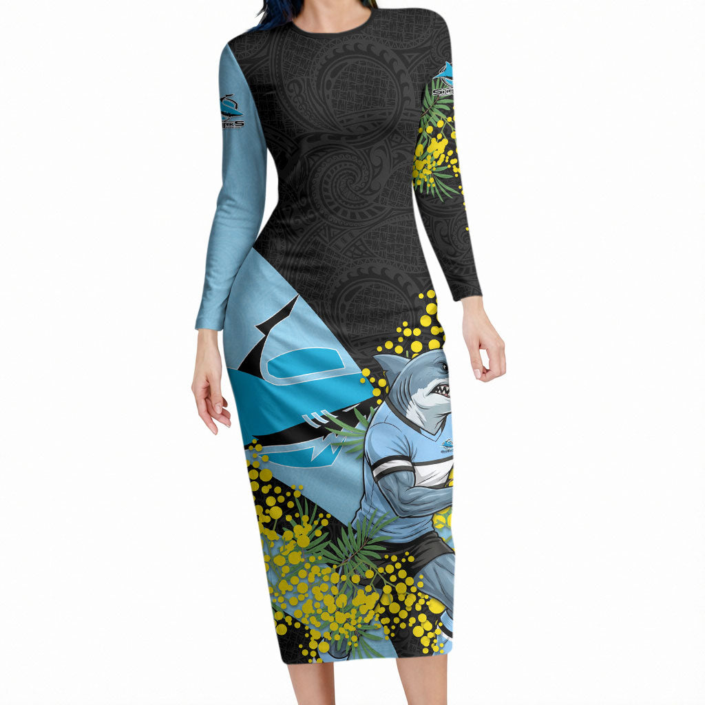 Cronulla Sutherland Sharks Long Sleeve Bodycon Dress Golden Wattle Floral Polynesian - Australian Flower - Rugby Mascot