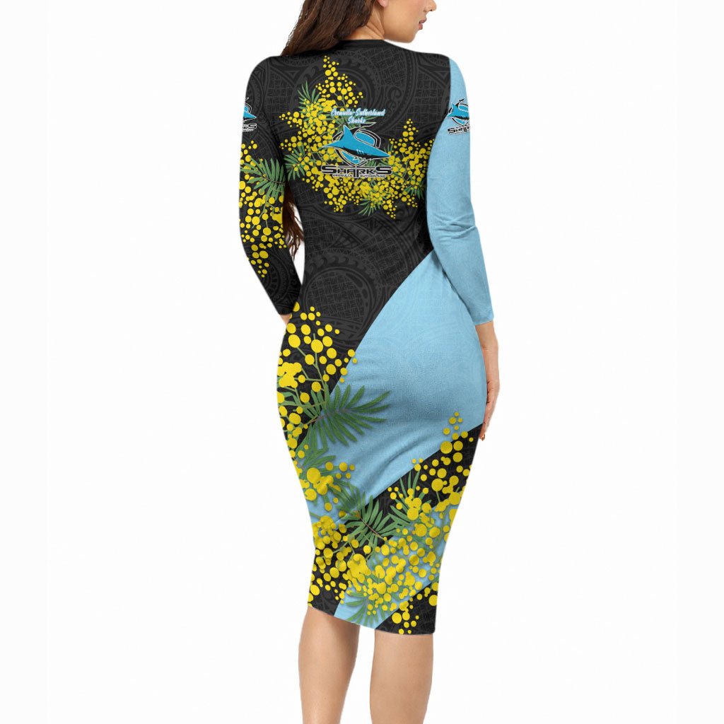 Cronulla Sutherland Sharks Long Sleeve Bodycon Dress Golden Wattle Floral Polynesian - Australian Flower - Rugby Mascot