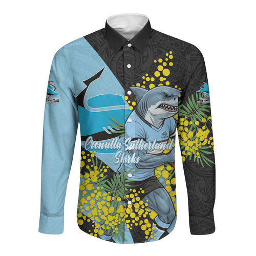 Cronulla Sutherland Sharks Long Sleeve Button Shirt Golden Wattle Floral Polynesian - Australian Flower - Rugby Mascot