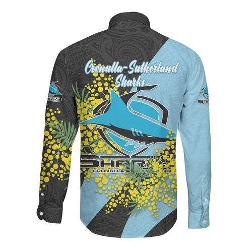 Cronulla Sutherland Sharks Long Sleeve Button Shirt Golden Wattle Floral Polynesian - Australian Flower - Rugby Mascot