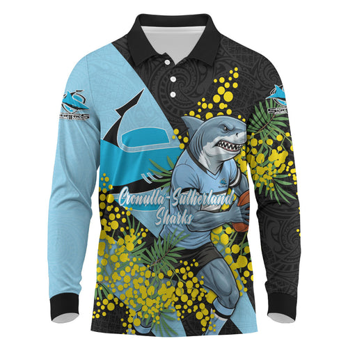 Cronulla Sutherland Sharks Long Sleeve Polo Shirt Golden Wattle Floral Polynesian - Australian Flower - Rugby Mascot