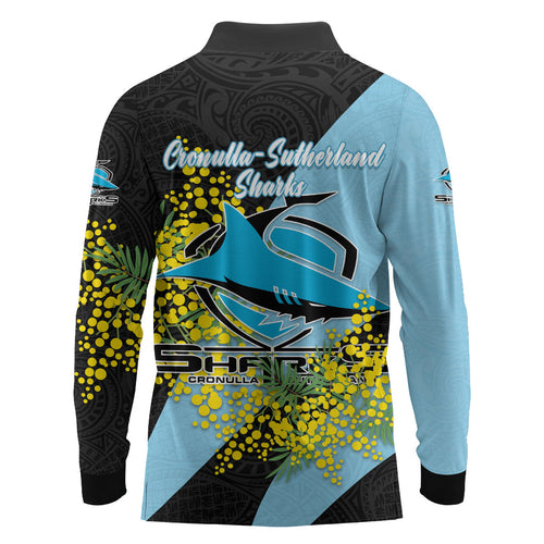 Cronulla Sutherland Sharks Long Sleeve Polo Shirt Golden Wattle Floral Polynesian - Australian Flower - Rugby Mascot