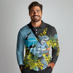 Cronulla Sutherland Sharks Long Sleeve Polo Shirt Golden Wattle Floral Polynesian - Australian Flower - Rugby Mascot