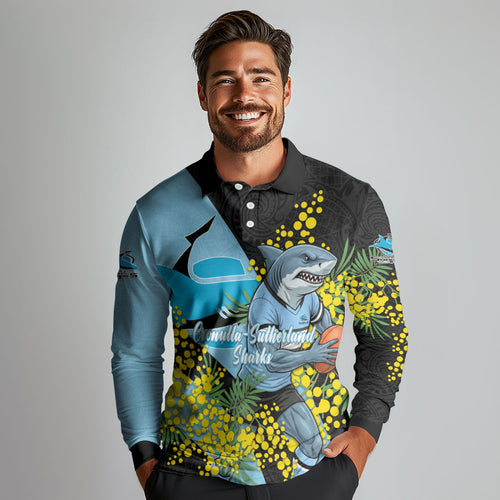 Cronulla Sutherland Sharks Long Sleeve Polo Shirt Golden Wattle Floral Polynesian - Australian Flower - Rugby Mascot