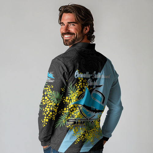 Cronulla Sutherland Sharks Long Sleeve Polo Shirt Golden Wattle Floral Polynesian - Australian Flower - Rugby Mascot