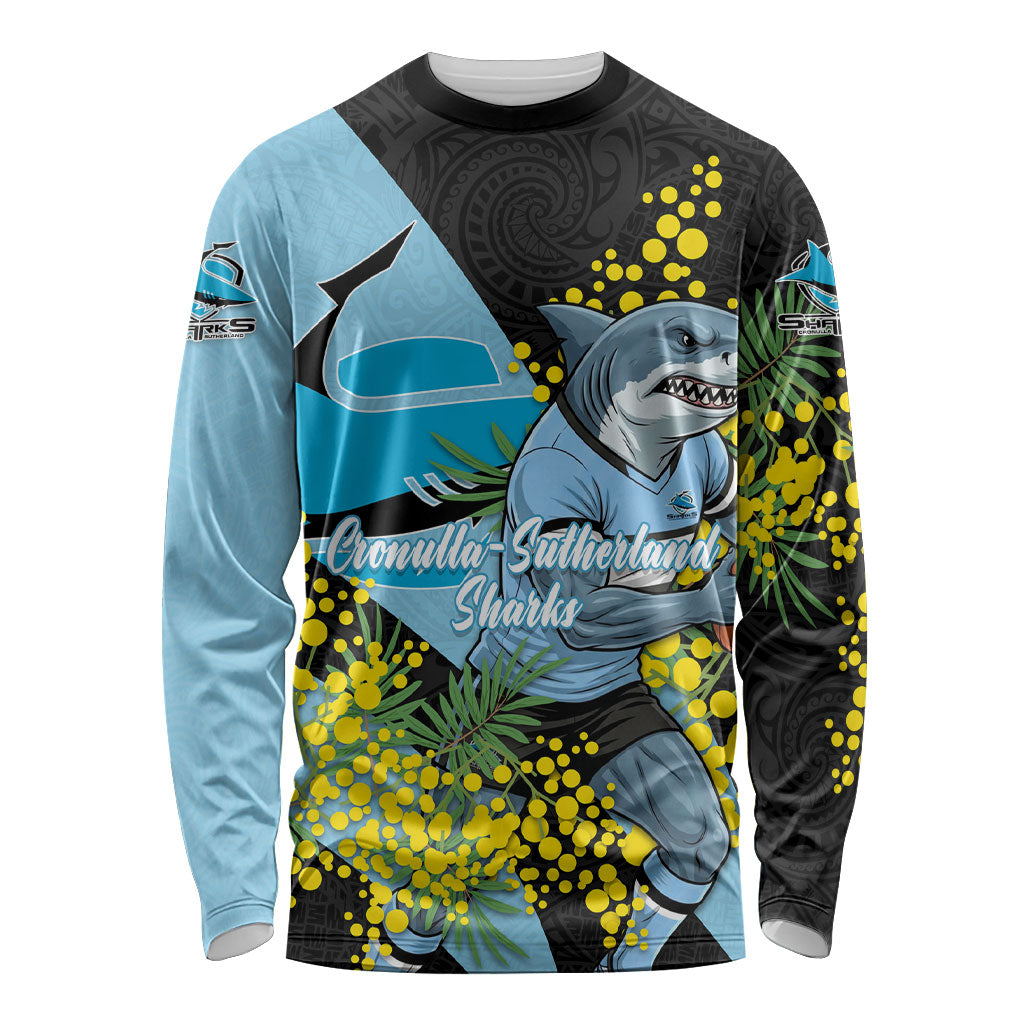 Cronulla Sutherland Sharks Long Sleeve Shirt Golden Wattle Floral Polynesian - Australian Flower - Rugby Mascot