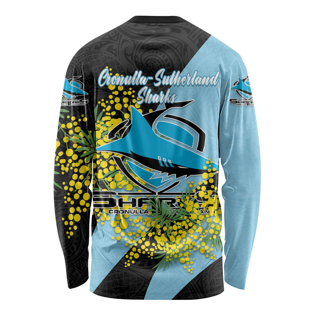 Cronulla Sutherland Sharks Long Sleeve Shirt Golden Wattle Floral Polynesian - Australian Flower - Rugby Mascot