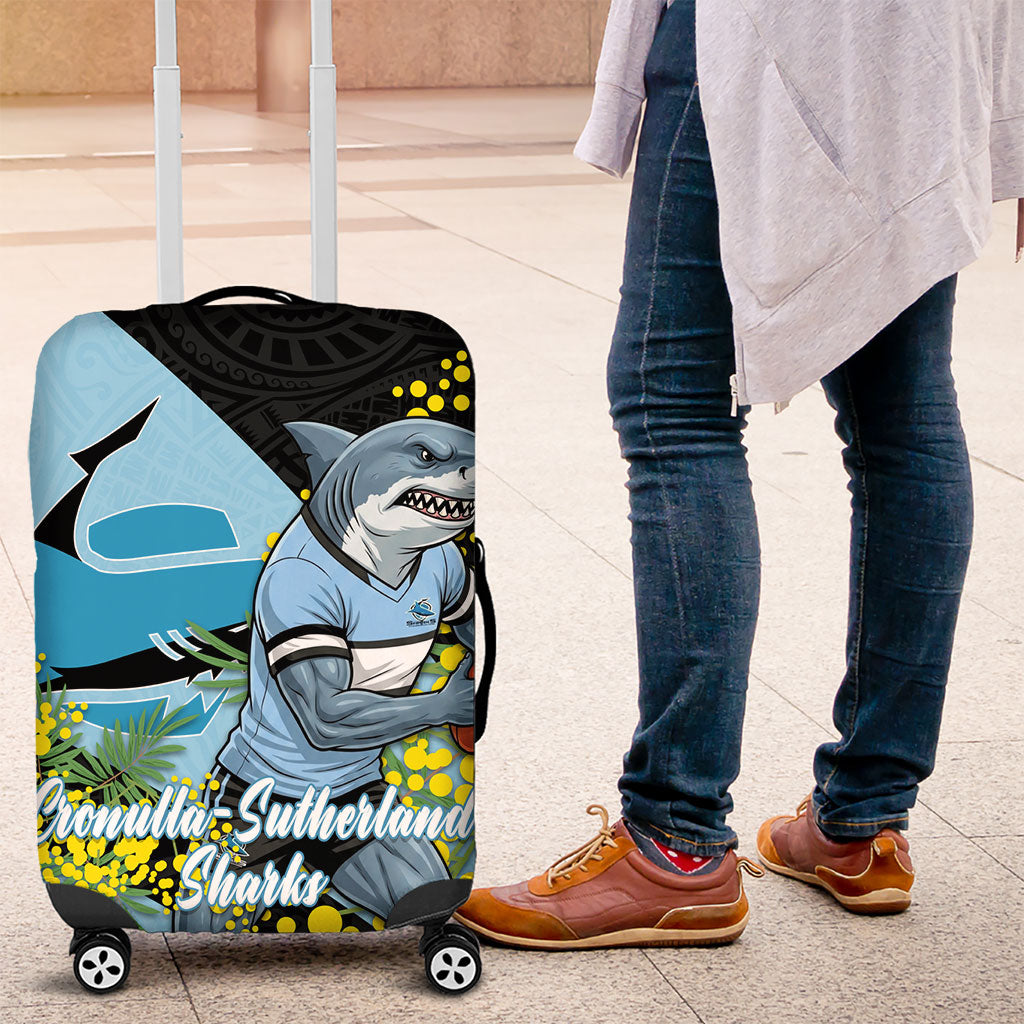 Cronulla Sutherland Sharks Luggage Cover Golden Wattle Floral Polynesian - Australian Flower - Rugby Mascot