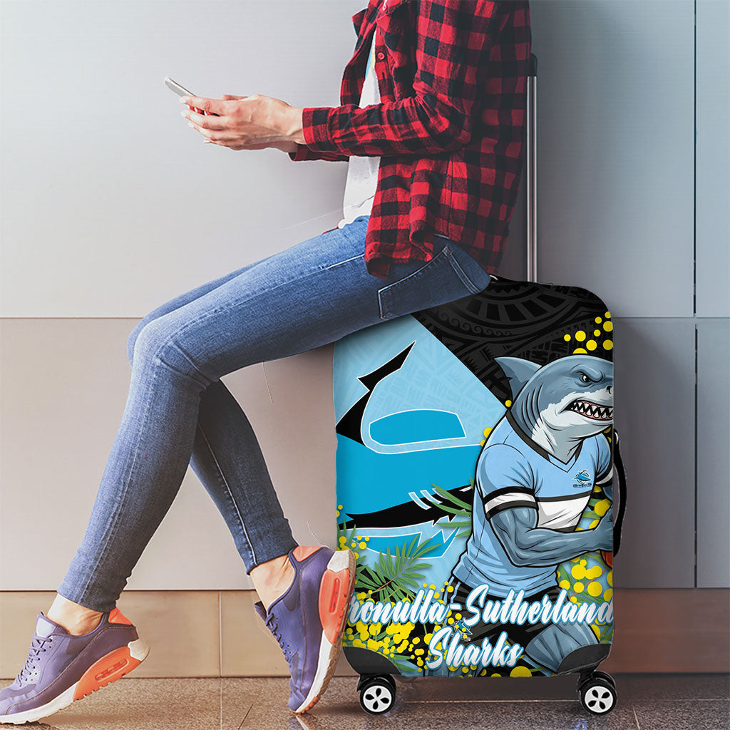 Cronulla Sutherland Sharks Luggage Cover Golden Wattle Floral Polynesian - Australian Flower - Rugby Mascot
