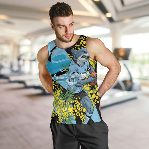 Cronulla Sutherland Sharks Men Tank Top Golden Wattle Floral Polynesian - Australian Flower - Rugby Mascot