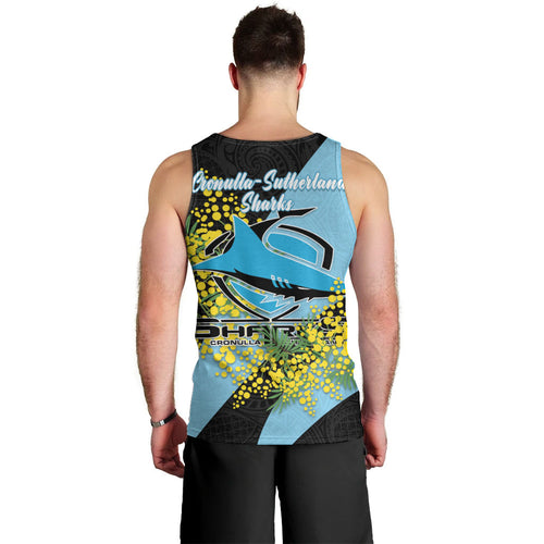 Cronulla Sutherland Sharks Men Tank Top Golden Wattle Floral Polynesian - Australian Flower - Rugby Mascot