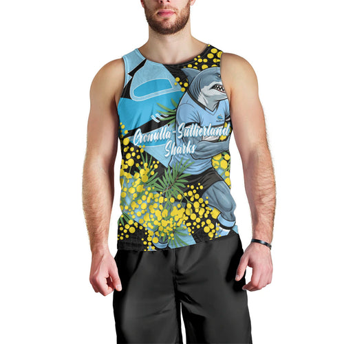 Cronulla Sutherland Sharks Men Tank Top Golden Wattle Floral Polynesian - Australian Flower - Rugby Mascot