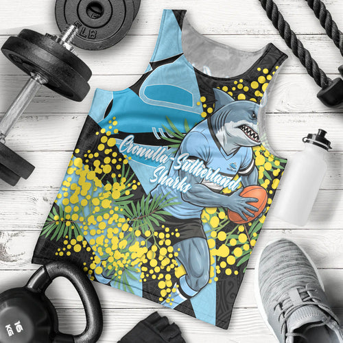Cronulla Sutherland Sharks Men Tank Top Golden Wattle Floral Polynesian - Australian Flower - Rugby Mascot