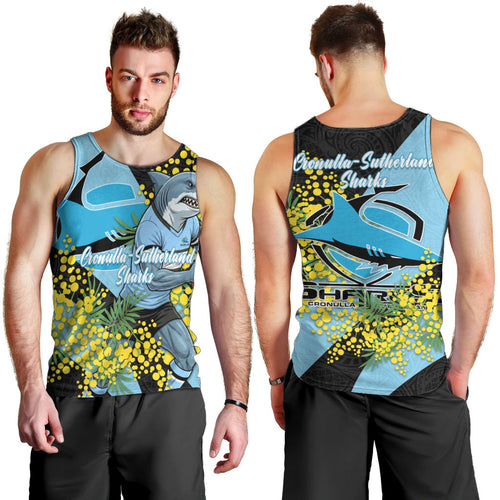 Cronulla Sutherland Sharks Men Tank Top Golden Wattle Floral Polynesian - Australian Flower - Rugby Mascot