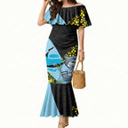 Cronulla Sutherland Sharks Mermaid Dress Golden Wattle Floral Polynesian - Australian Flower - Rugby Mascot