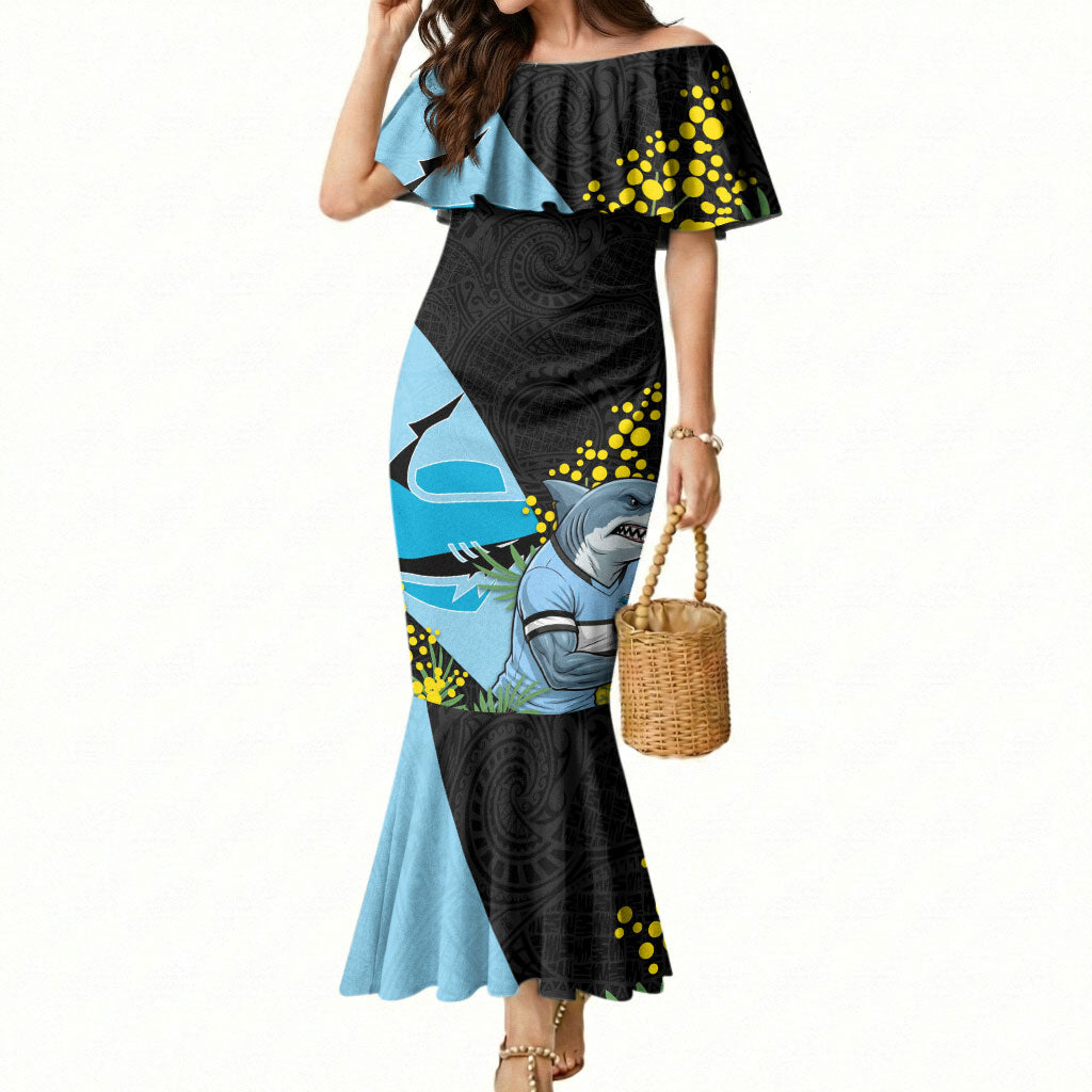 Cronulla Sutherland Sharks Mermaid Dress Golden Wattle Floral Polynesian - Australian Flower - Rugby Mascot