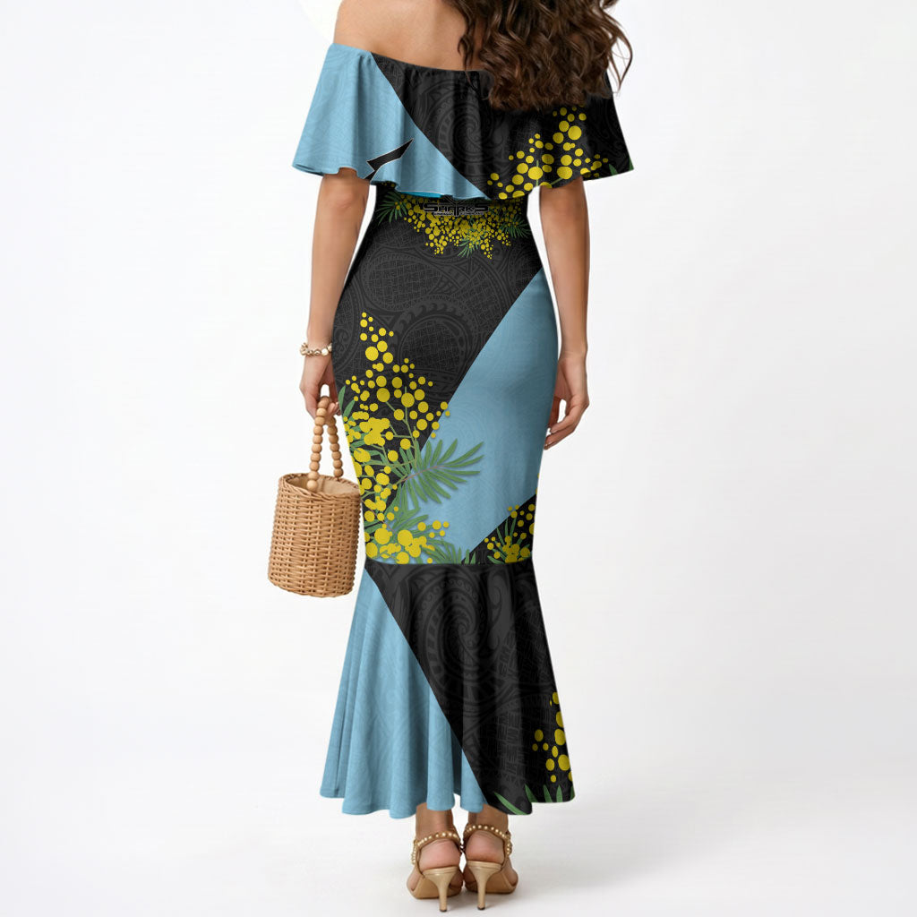 Cronulla Sutherland Sharks Mermaid Dress Golden Wattle Floral Polynesian - Australian Flower - Rugby Mascot