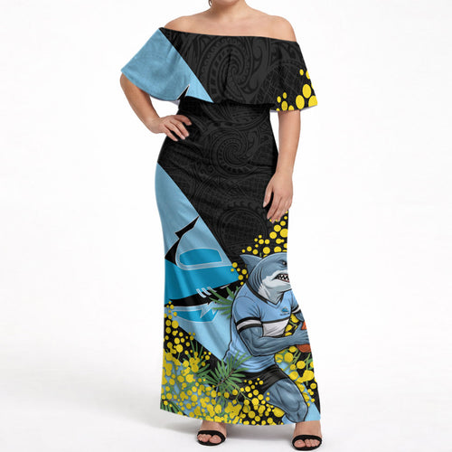 Cronulla Sutherland Sharks Off Shoulder Maxi Dress Golden Wattle Floral Polynesian - Australian Flower - Rugby Mascot