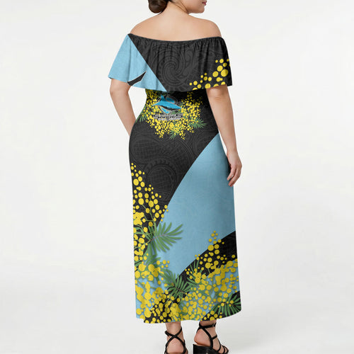 Cronulla Sutherland Sharks Off Shoulder Maxi Dress Golden Wattle Floral Polynesian - Australian Flower - Rugby Mascot