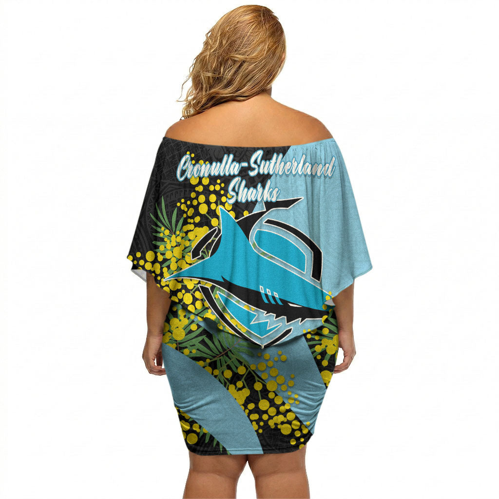 Cronulla Sutherland Sharks Off Shoulder Short Dress Golden Wattle Floral Polynesian - Australian Flower - Rugby Mascot