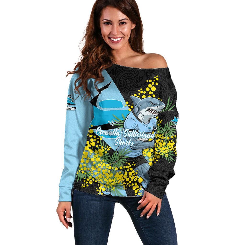 Cronulla Sutherland Sharks Off Shoulder Sweater Golden Wattle Floral Polynesian - Australian Flower - Rugby Mascot