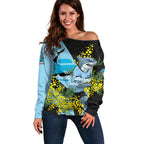 Cronulla Sutherland Sharks Off Shoulder Sweater Golden Wattle Floral Polynesian - Australian Flower - Rugby Mascot
