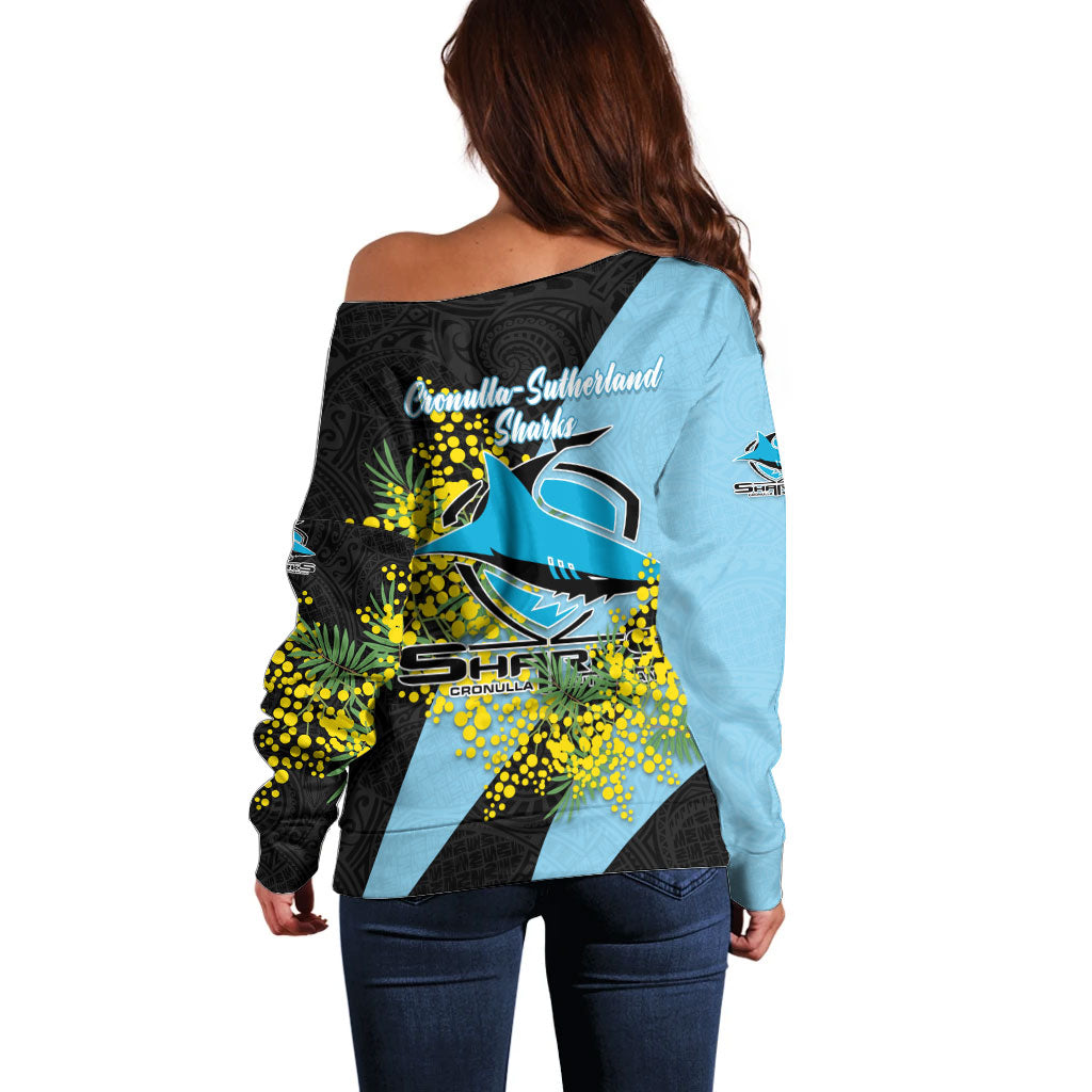 Cronulla Sutherland Sharks Off Shoulder Sweater Golden Wattle Floral Polynesian - Australian Flower - Rugby Mascot