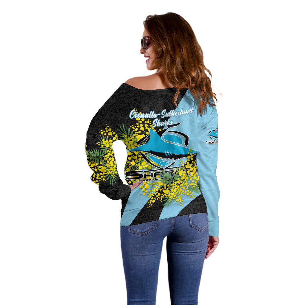 Cronulla Sutherland Sharks Off Shoulder Sweater Golden Wattle Floral Polynesian - Australian Flower - Rugby Mascot