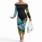 Cronulla Sutherland Sharks Off The Shoulder Long Sleeve Dress Golden Wattle Floral Polynesian - Australian Flower - Rugby Mascot