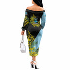 Cronulla Sutherland Sharks Off The Shoulder Long Sleeve Dress Golden Wattle Floral Polynesian - Australian Flower - Rugby Mascot