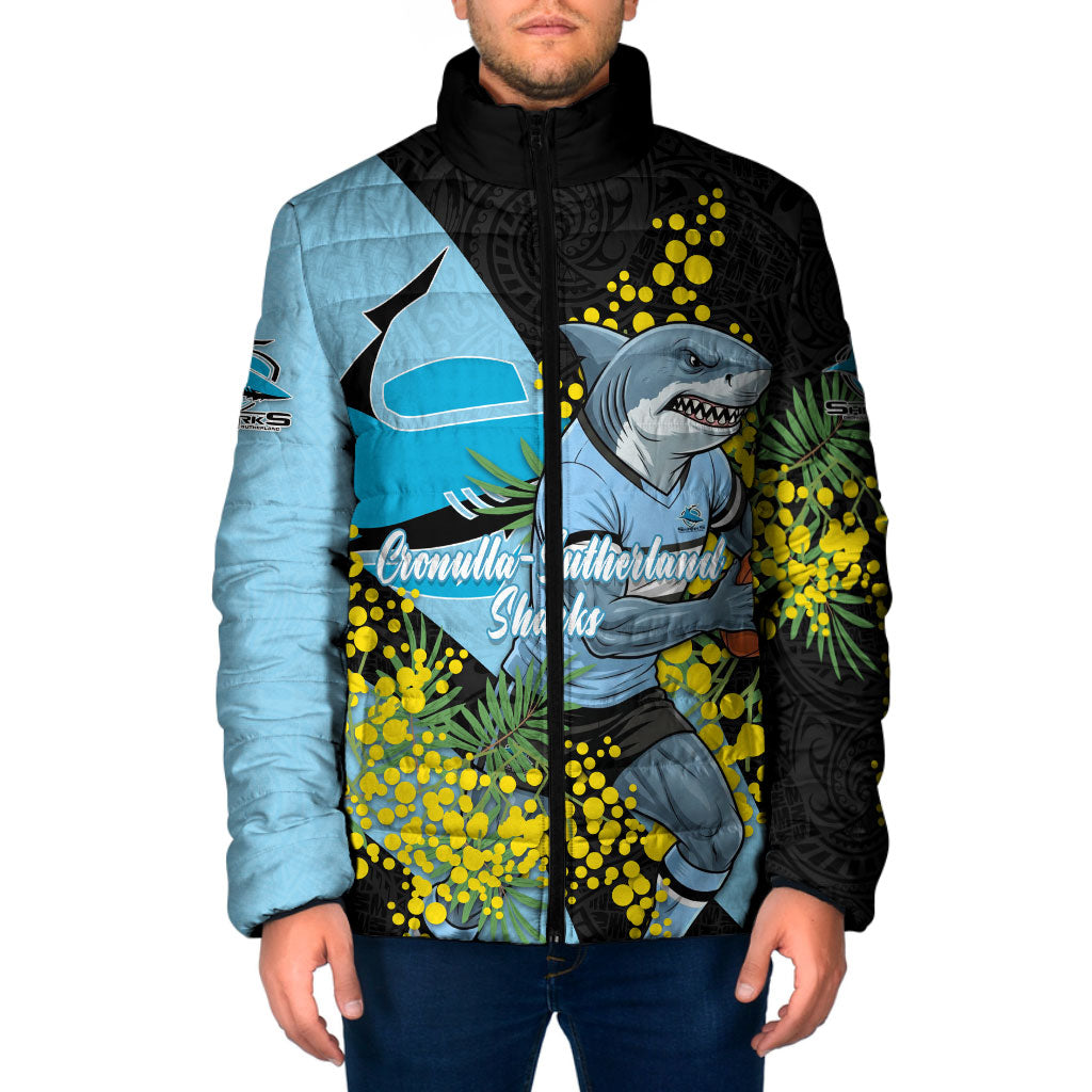 Cronulla Sutherland Sharks Padded Jacket Golden Wattle Floral Polynesian - Australian Flower - Rugby Mascot
