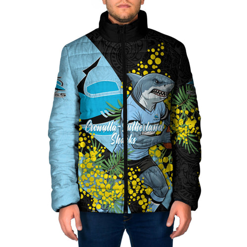 Cronulla Sutherland Sharks Padded Jacket Golden Wattle Floral Polynesian - Australian Flower - Rugby Mascot
