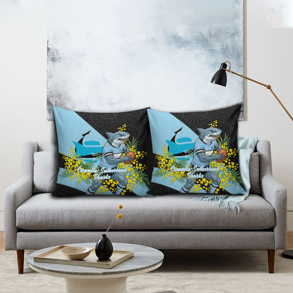 Cronulla Sutherland Sharks Pillow Cover Golden Wattle Floral Polynesian - Australian Flower - Rugby Mascot