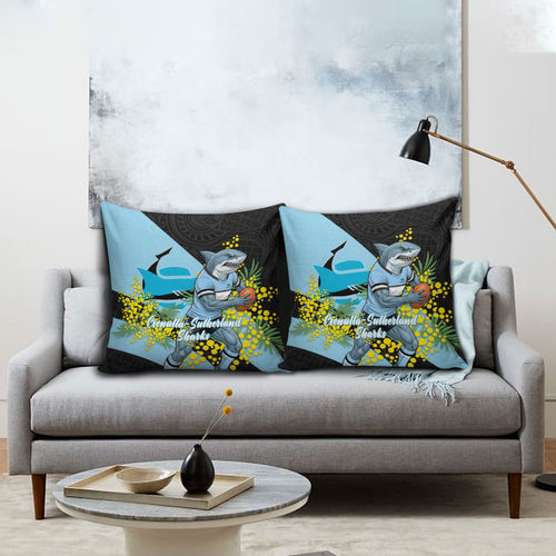 Cronulla Sutherland Sharks Pillow Cover Golden Wattle Floral Polynesian - Australian Flower - Rugby Mascot