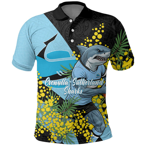 Cronulla Sutherland Sharks Polo Shirt Golden Wattle Floral Polynesian - Australian Flower - Rugby Mascot