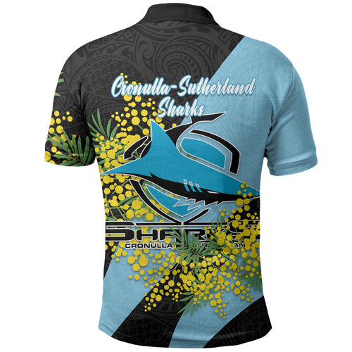 Cronulla Sutherland Sharks Polo Shirt Golden Wattle Floral Polynesian - Australian Flower - Rugby Mascot