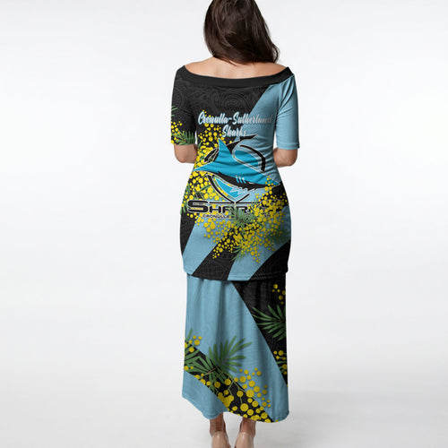 Cronulla Sutherland Sharks Puletasi Golden Wattle Floral Polynesian - Australian Flower - Rugby Mascot