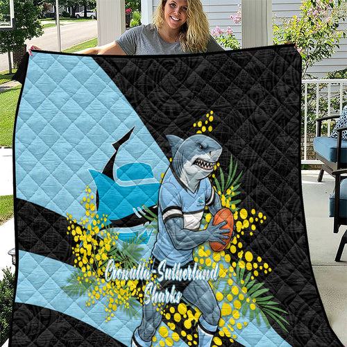 Cronulla Sutherland Sharks Quilt Golden Wattle Floral Polynesian - Australian Flower - Rugby Mascot