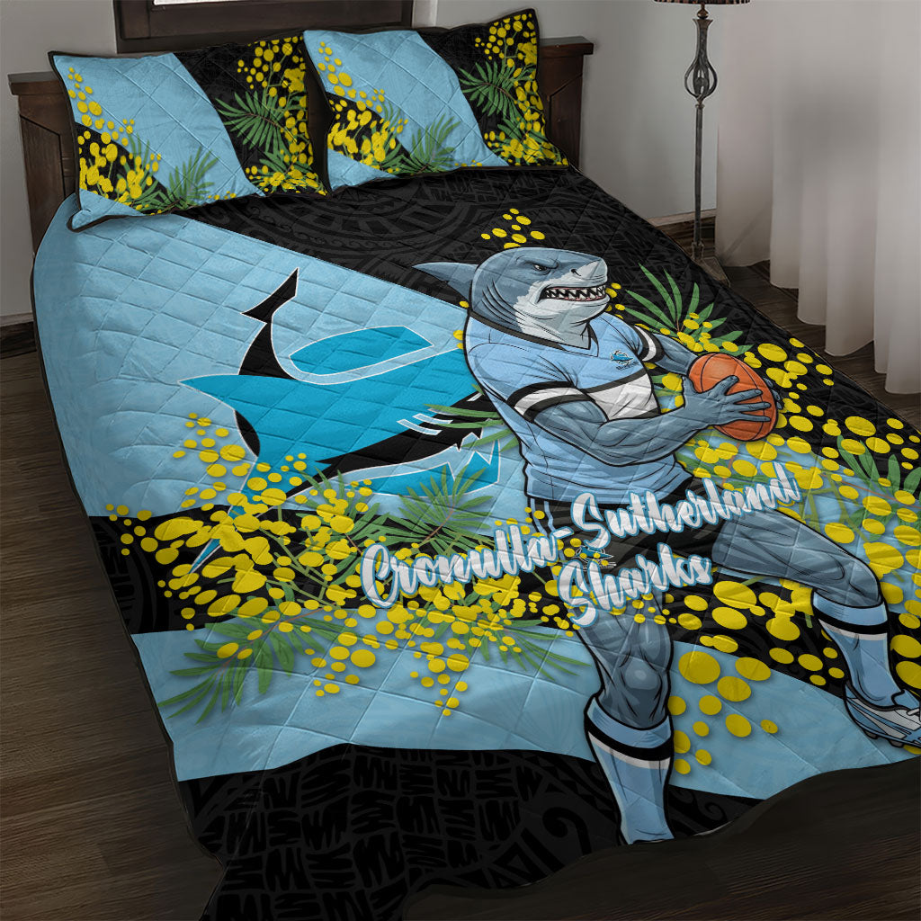 Cronulla Sutherland Sharks Quilt Bed Set Golden Wattle Floral Polynesian - Australian Flower - Rugby Mascot