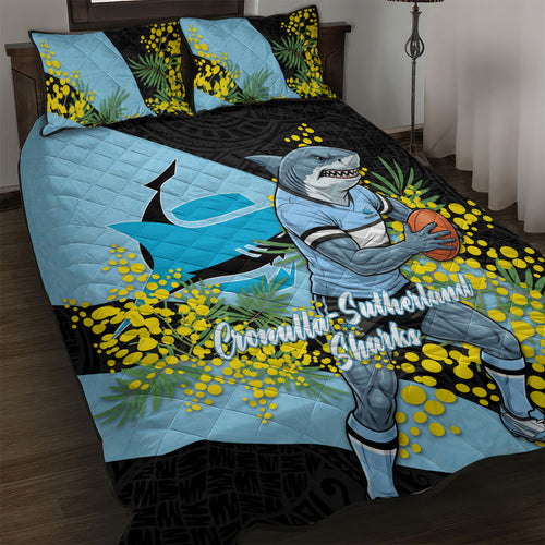 Cronulla Sutherland Sharks Quilt Bed Set Golden Wattle Floral Polynesian - Australian Flower - Rugby Mascot