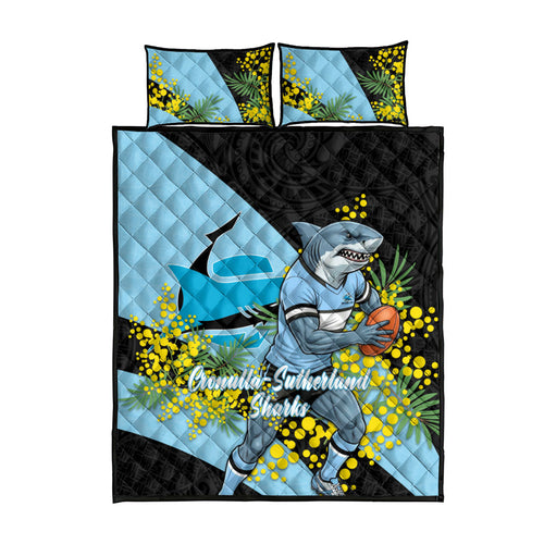 Cronulla Sutherland Sharks Quilt Bed Set Golden Wattle Floral Polynesian - Australian Flower - Rugby Mascot