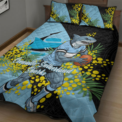 Cronulla Sutherland Sharks Quilt Bed Set Golden Wattle Floral Polynesian - Australian Flower - Rugby Mascot