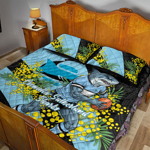 Cronulla Sutherland Sharks Quilt Bed Set Golden Wattle Floral Polynesian - Australian Flower - Rugby Mascot