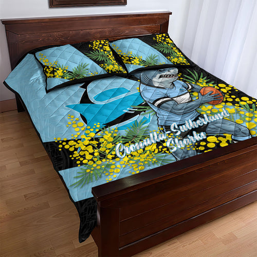 Cronulla Sutherland Sharks Quilt Bed Set Golden Wattle Floral Polynesian - Australian Flower - Rugby Mascot
