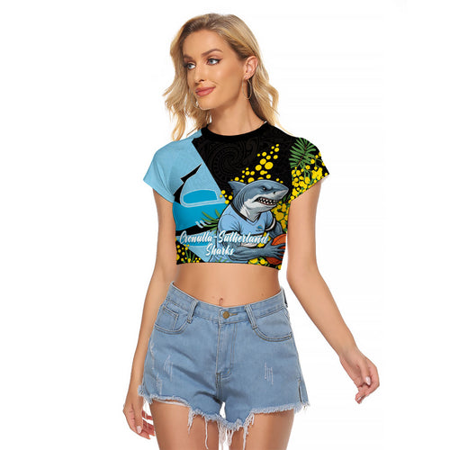 Cronulla Sutherland Sharks Raglan Cropped T Shirt Golden Wattle Floral Polynesian - Australian Flower - Rugby Mascot