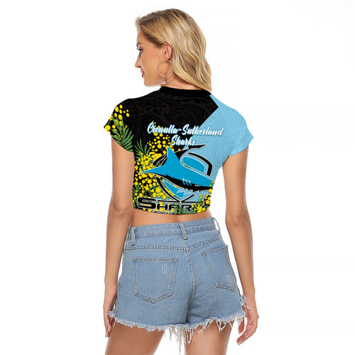 Cronulla Sutherland Sharks Raglan Cropped T Shirt Golden Wattle Floral Polynesian - Australian Flower - Rugby Mascot